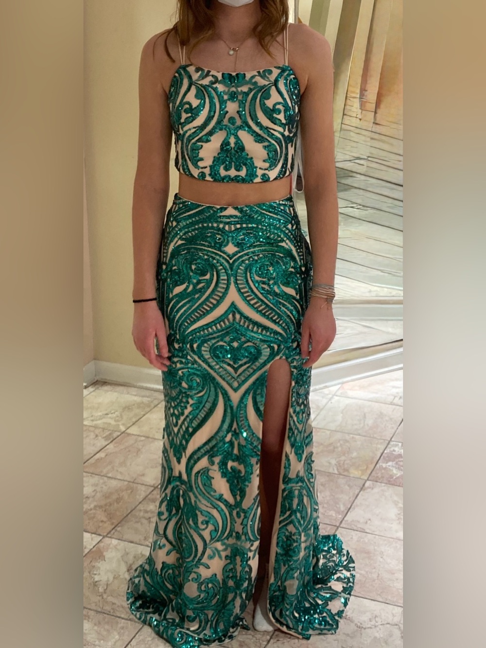 Emerald Green Sequin Two-Piece Prom Dress